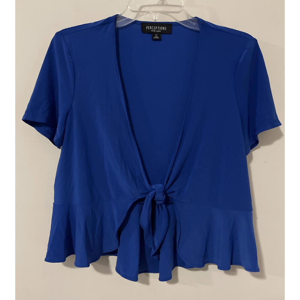 Perceptions New York Womens Medium Blue Tie-Front Short-Sleeved Cardigan! A3117